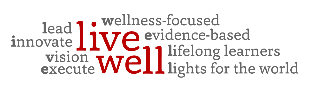LIVE WELL: Lead, Innovate, Vision, Execute, Wellness-focused, Evidence-based, Lifelong learners, Lights for the world