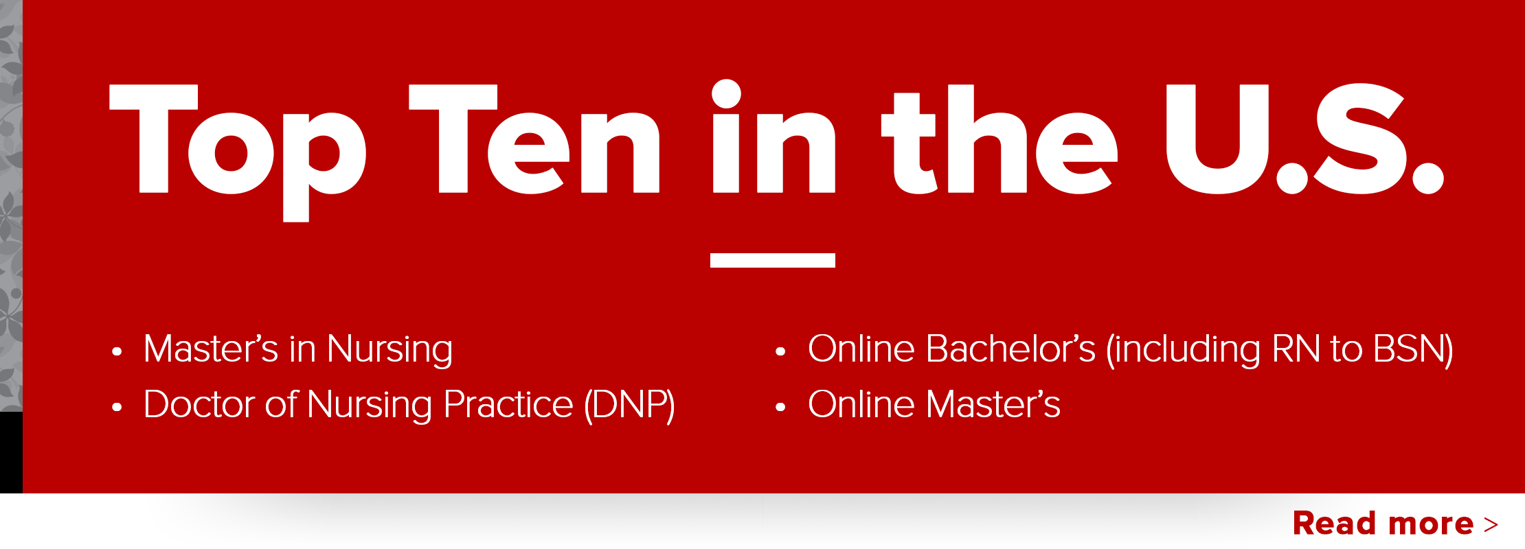Top ten in the U.S. - Master's in Nursing, Doctor of Nursing Practice (DNP), Online bachelor's (including RN to BSN), online Master's