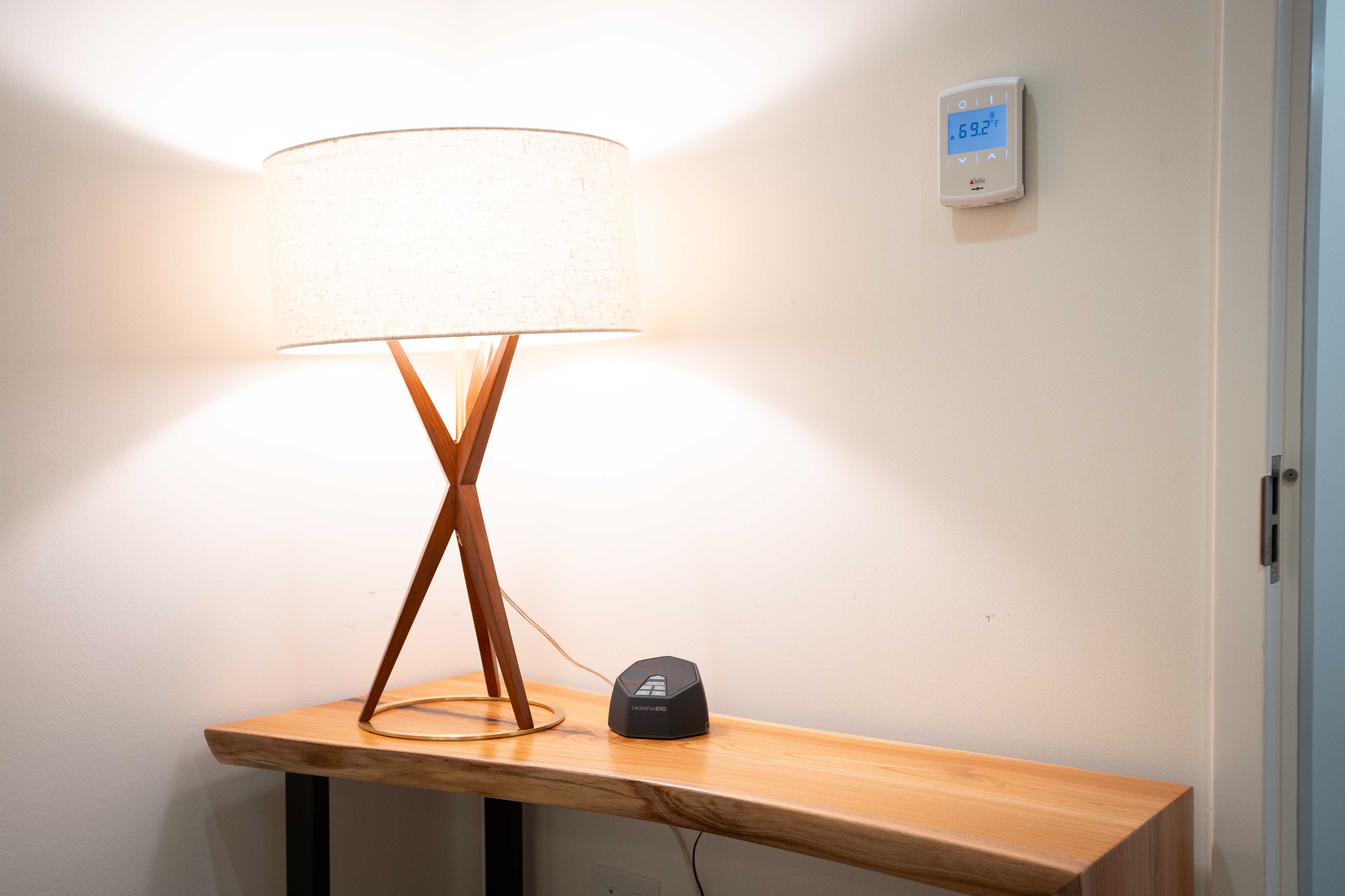 lamp on a natural wood desk