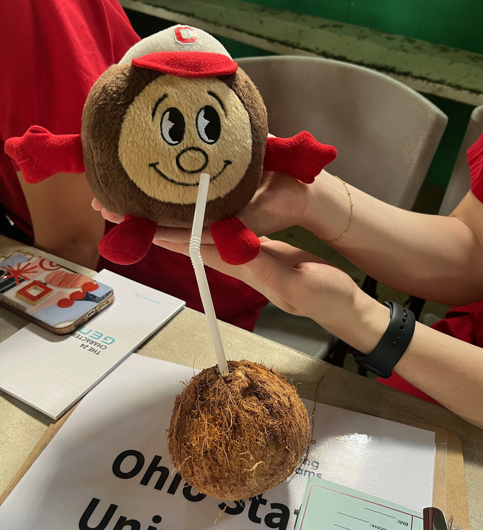 Brutus plush toy sipping from a coconut