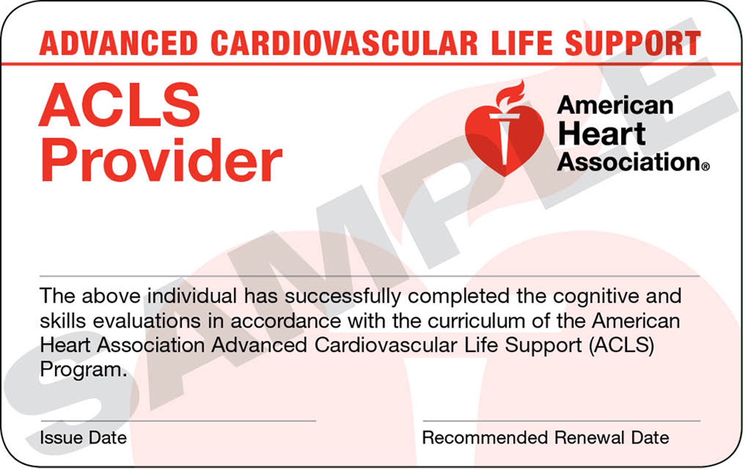 Advanced Cardiovascular Life Support CPR provider certification card