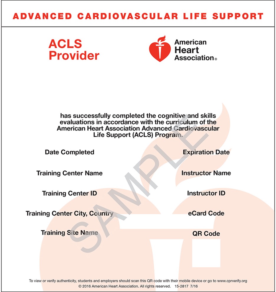 sample image of ACLS training completion certificate