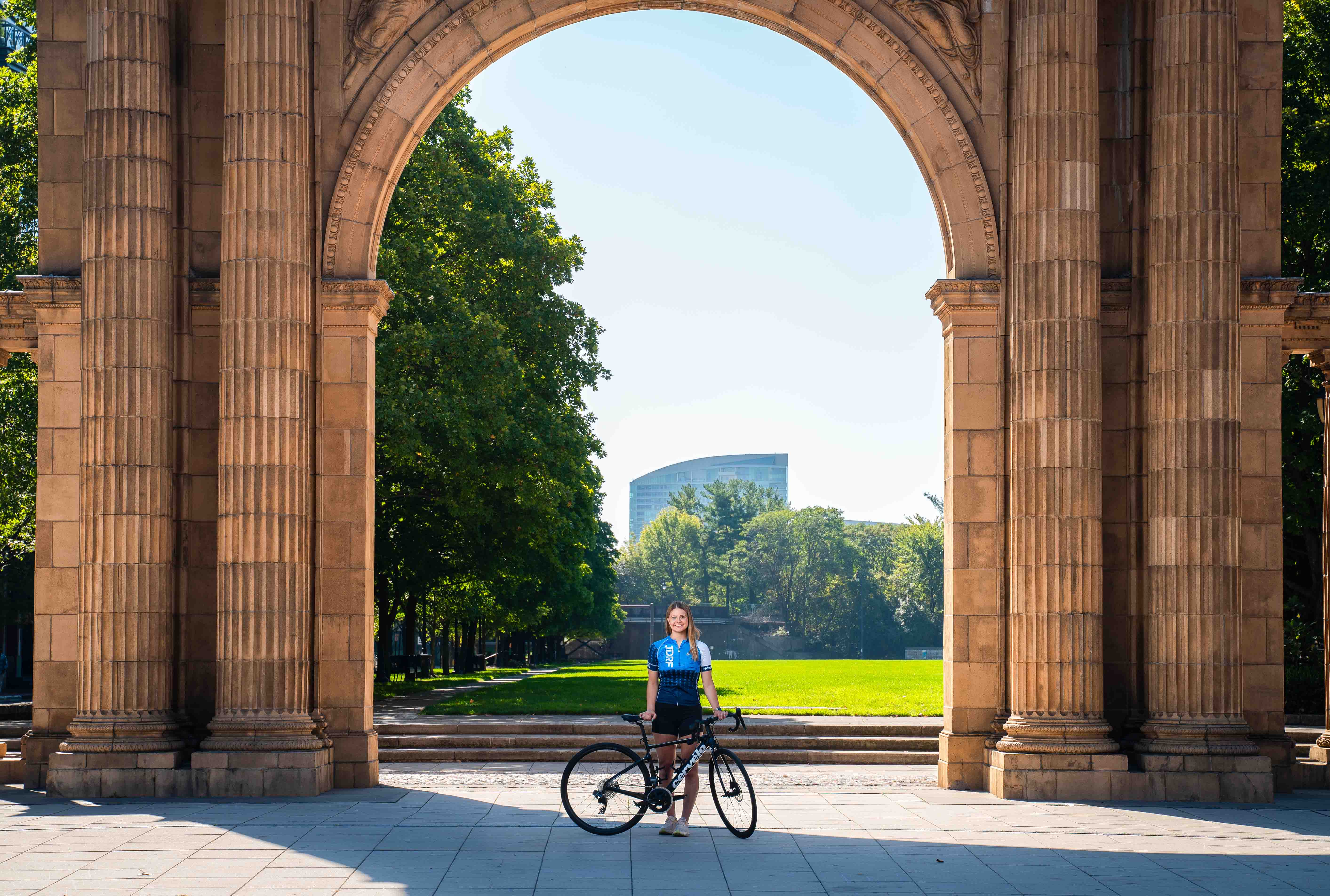 Isabelle in front of the Union Station arch near downtown Columbus.