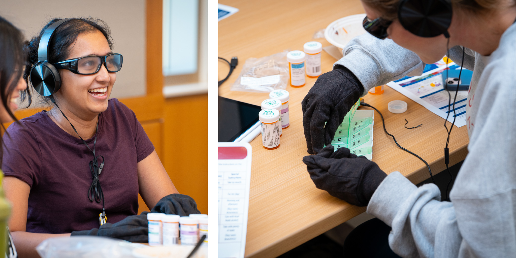 Students using vision impairment-inducing glasses, thick gloves to simulate dementia