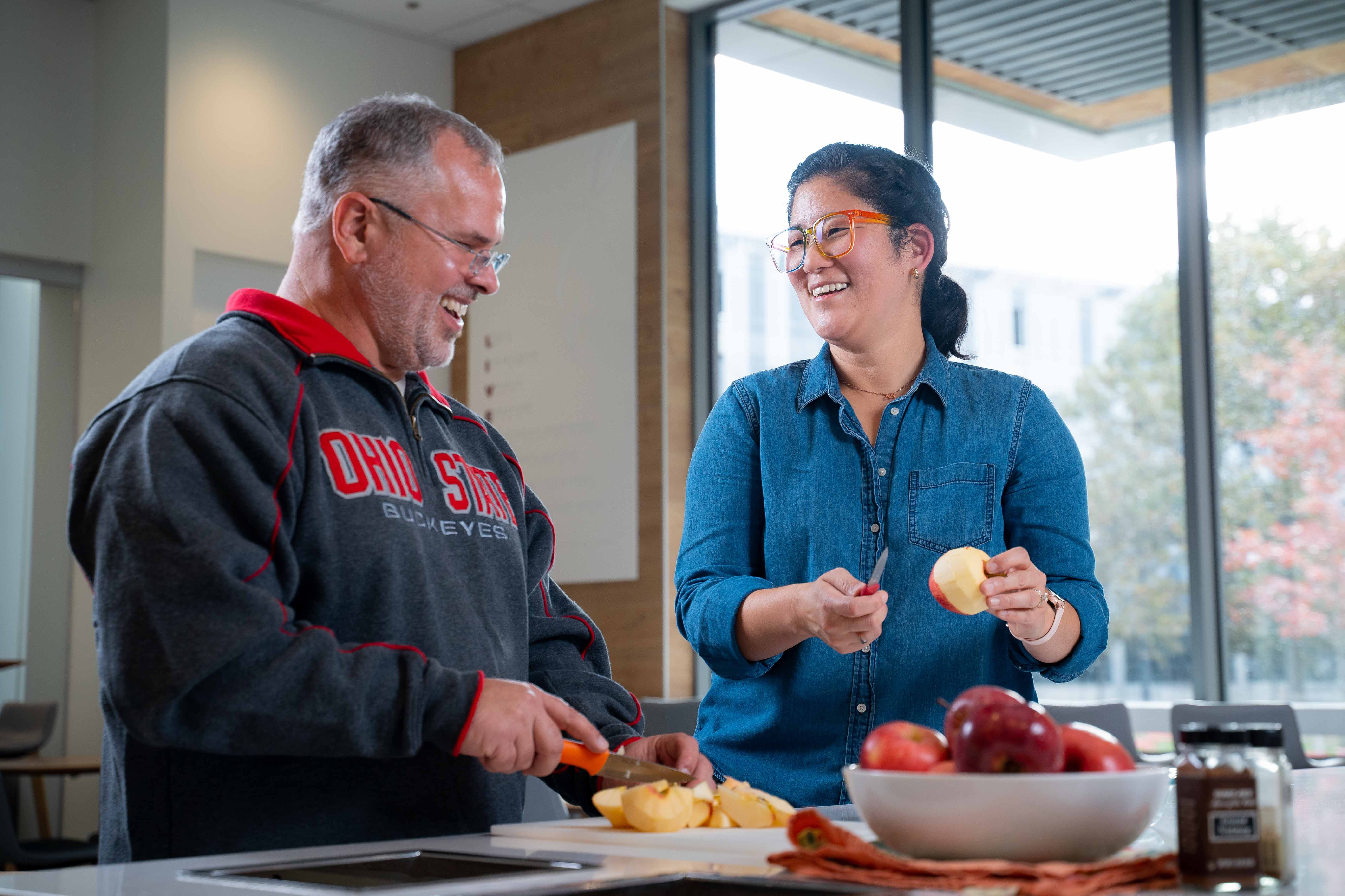 Todd Tussing and Jin Jun collaborating in Jane E. Heminger Hall’s new Barbara and Lawrence Berger Demonstration Nutrition Kitchen