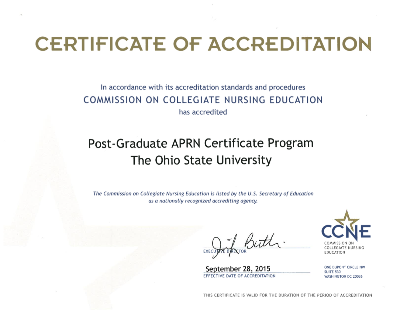 Post-Graduate APRN Certificate Program Accreditation Certificate