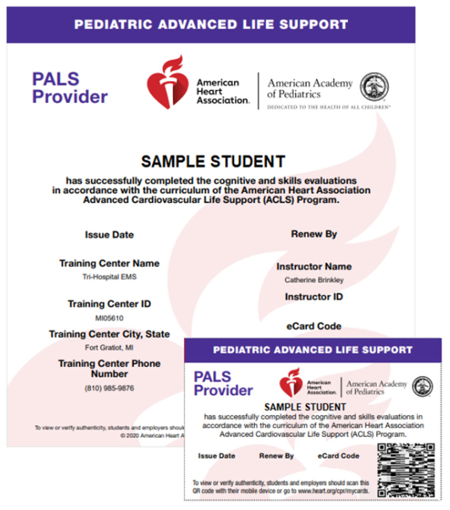 sample image of PALS provider card and training completion certificate