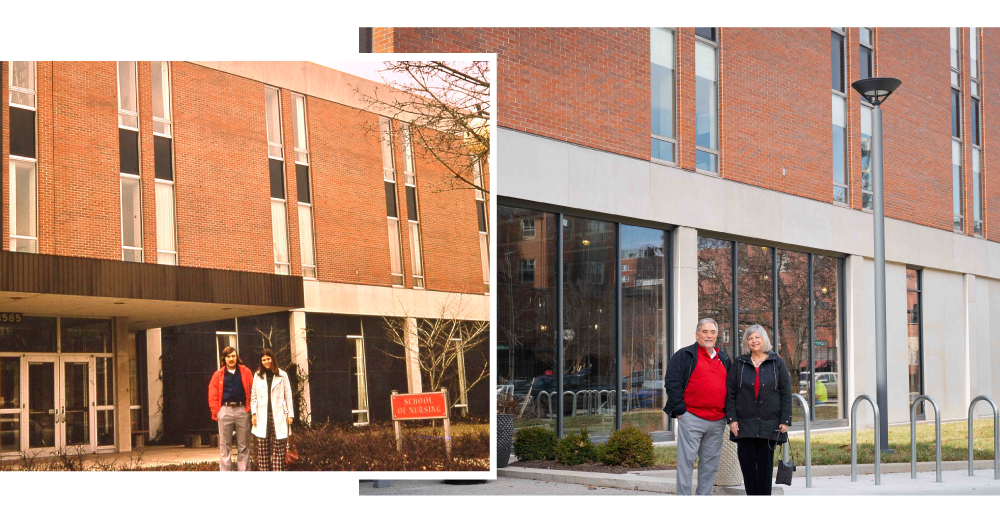 Jan and Doug Garver in front of Newton Hall in 1973 and in 2023.