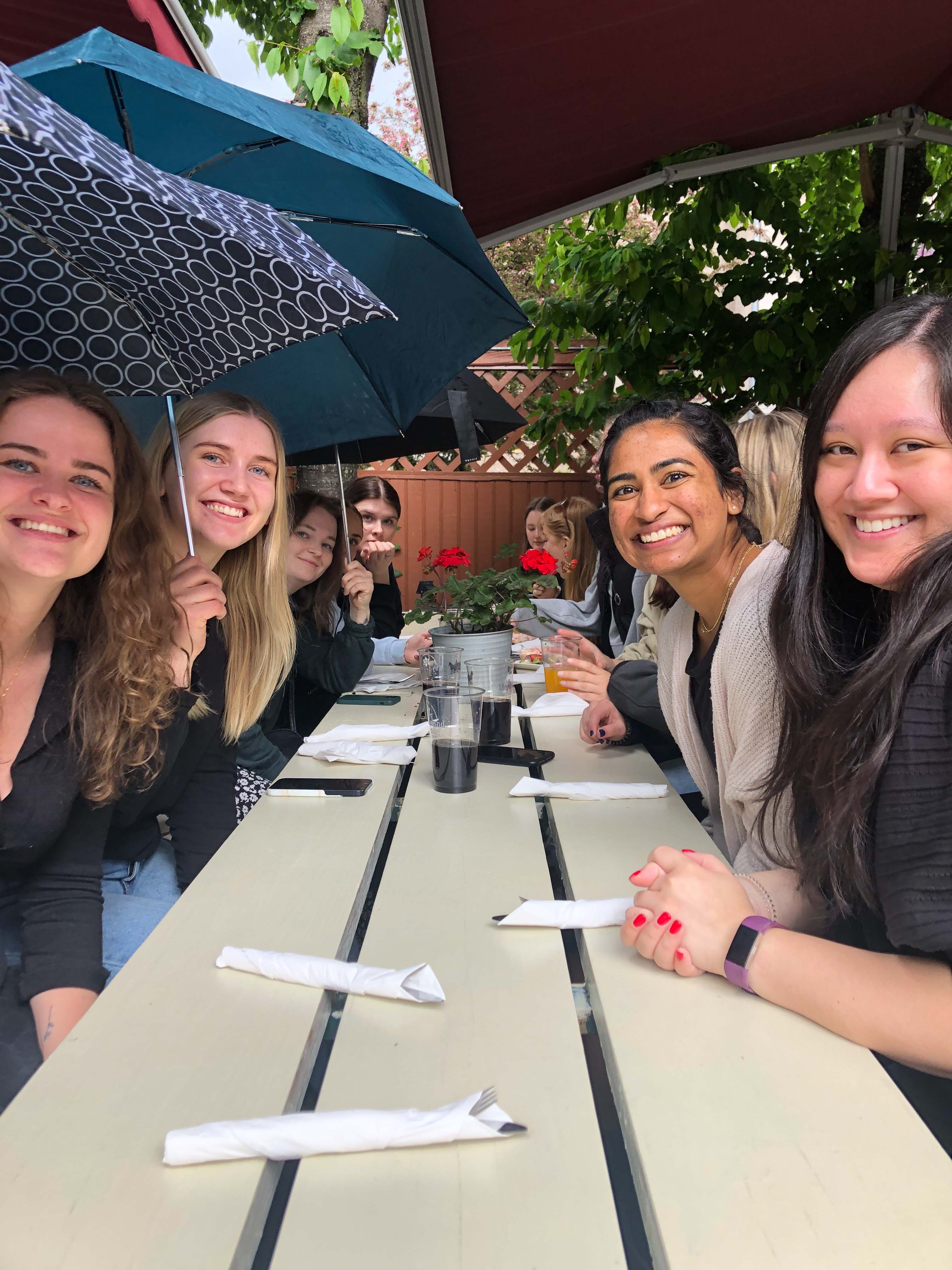 U.S., Norwegian, and Swedish students collaborating at a lunch meeting in the rain
