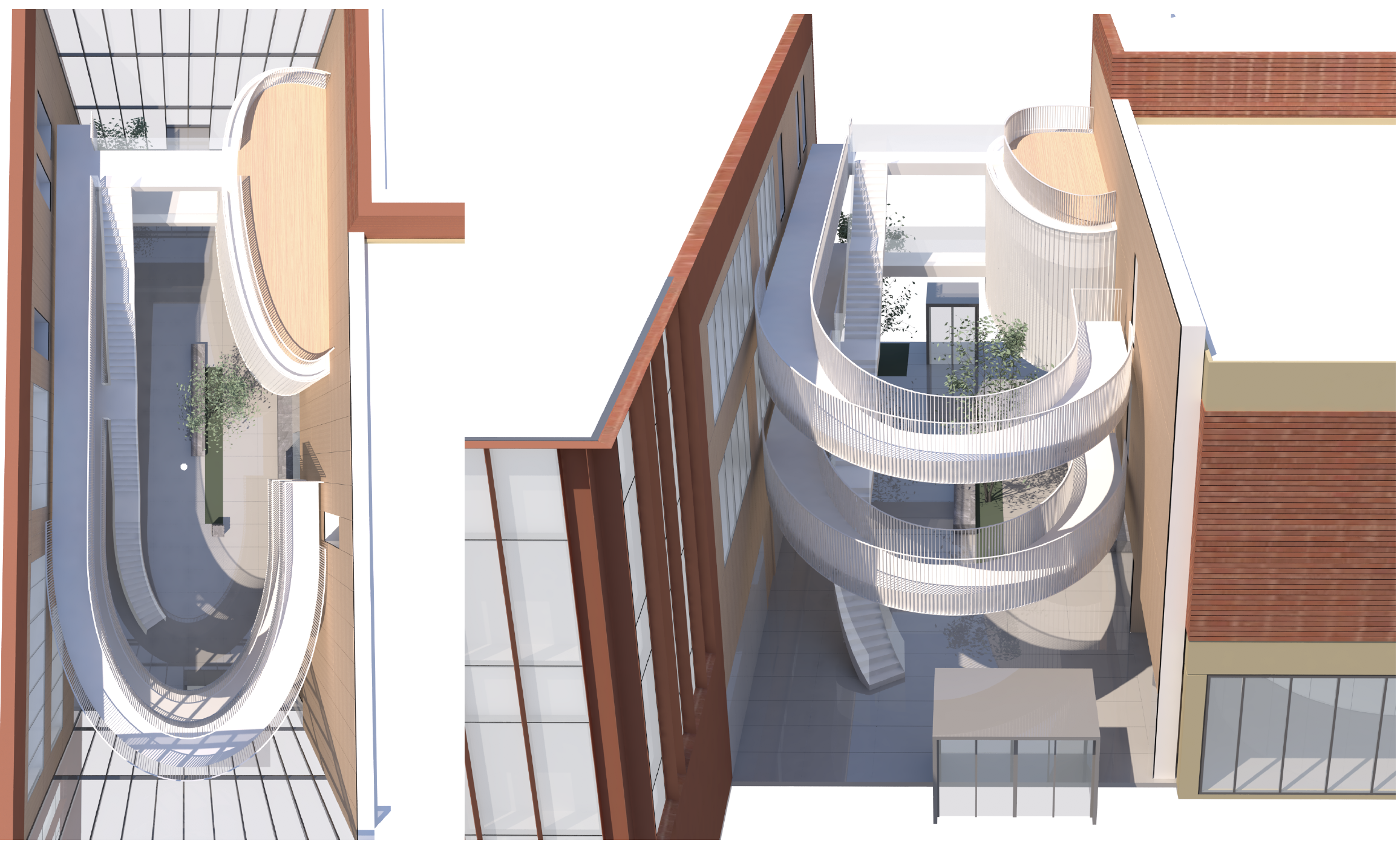 rendering of curved walkways in atrium