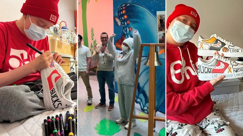  Charley with customized sneakers, Charley ringing the bell at Nationwide Children’s Hospital to celebrate being cancer-free. Charley customizing sneakers for Coaches vs. Cancer week in her hospital room at Nationwide Children’s Hospital.