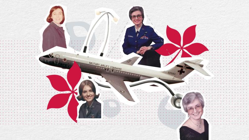 Diana Kupchella collage with portraits of her, a plane, a stethoscope, and buckeye art