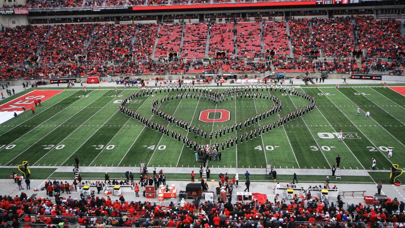 marching band heart formation on football field at Ohio Stadium