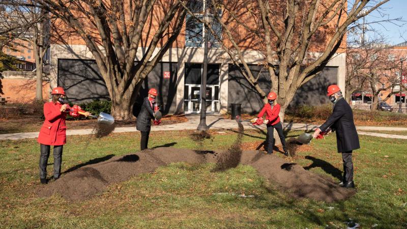 Bern Melnyk, Margaret Graham, Laurel VanDromme and Hal Paz doing the first dig at the groundbreaking ceremony