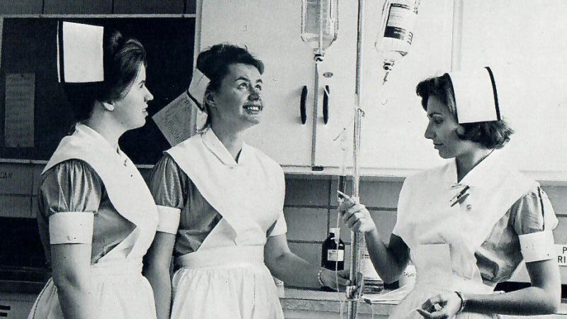 nursing students in the classroom: Bonnie Husse, Carolyn Azbell and Sandy (Fisher) Cornett