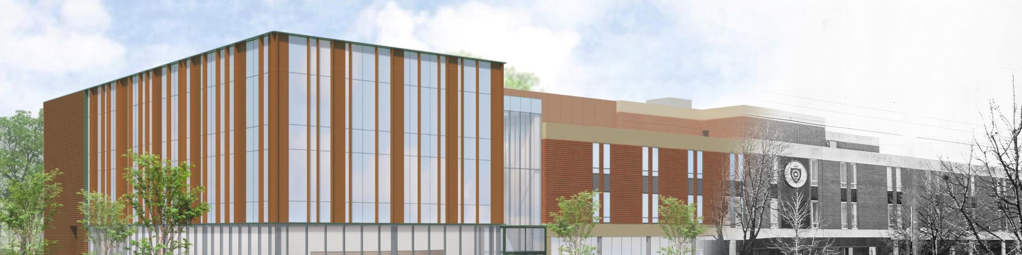 rendering of Newton Hall addition blended with vintage photo