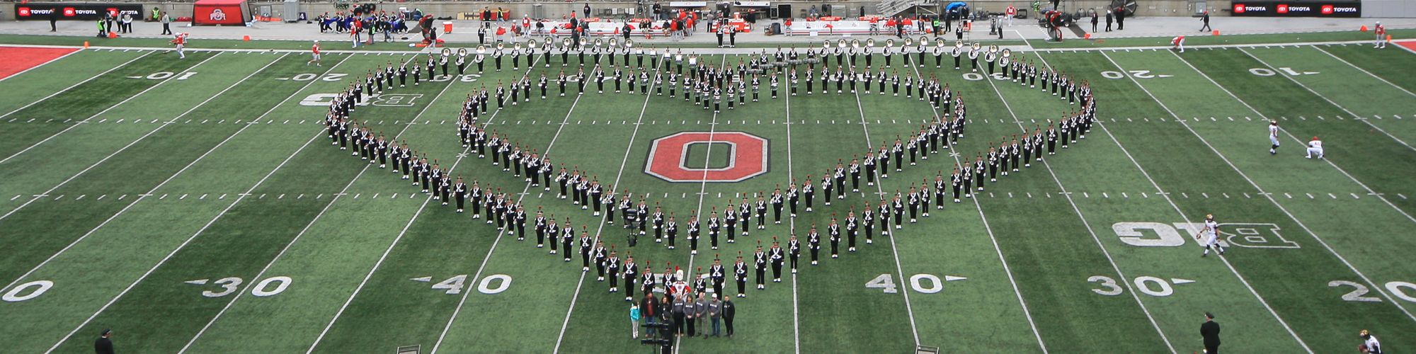 marching band heart formation on football field at Ohio Stadium