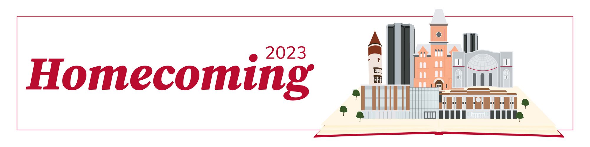 Homecoming 2023 graphic with College of Nursing buildings and an open book