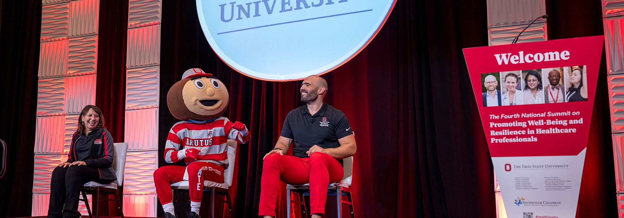 Bernadette Melnyk, Brutus Buckeye and Josh Winn urge everyone to invest in their own personal wellness.
