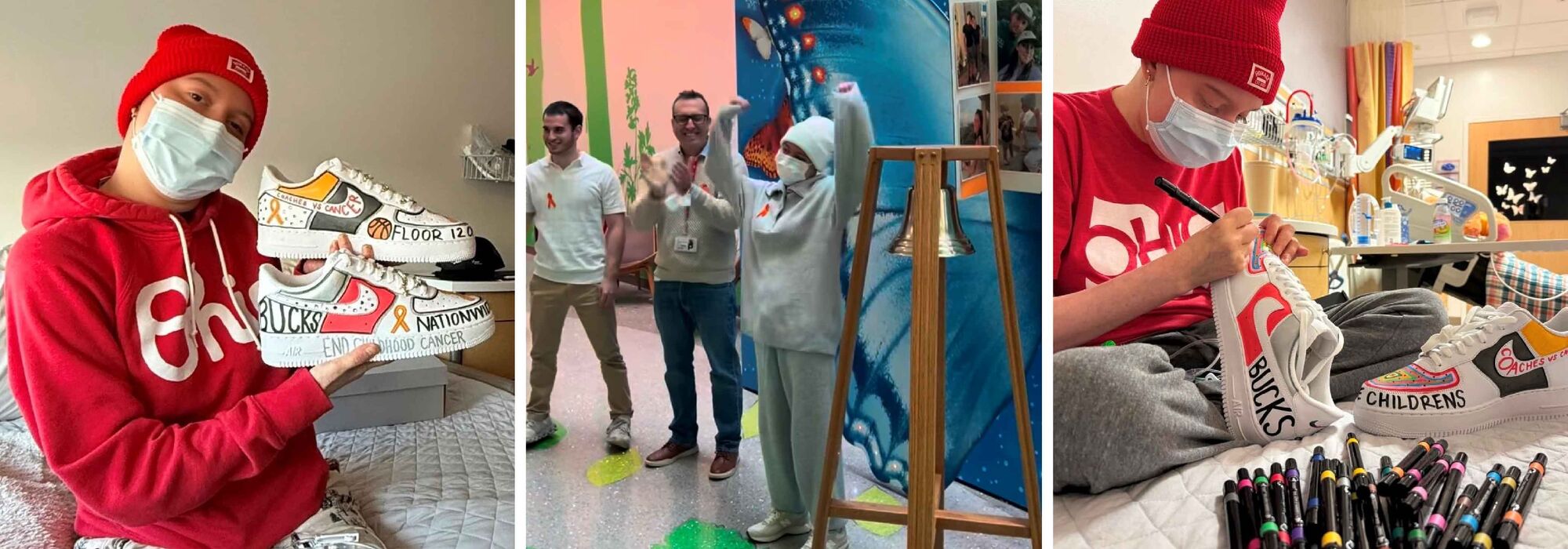 Charley with customized sneakers, Charley ringing the bell at Nationwide Children’s Hospital to celebrate being cancer-free. Charley customizing sneakers for Coaches vs. Cancer week in her hospital room at Nationwide Children’s Hospital.