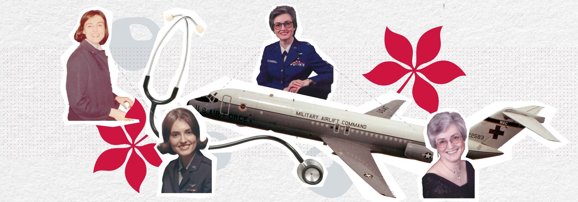 Diana Kupchella collage with portraits of her, a plane, a stethoscope, and buckeye art