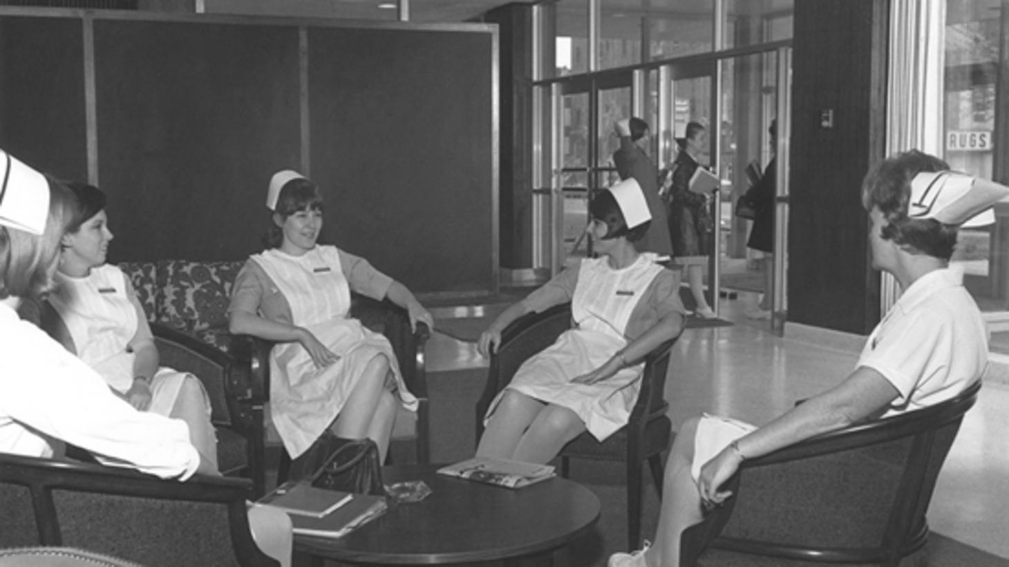 Photo taken from 1967 of OSU Nursing students talking to each other