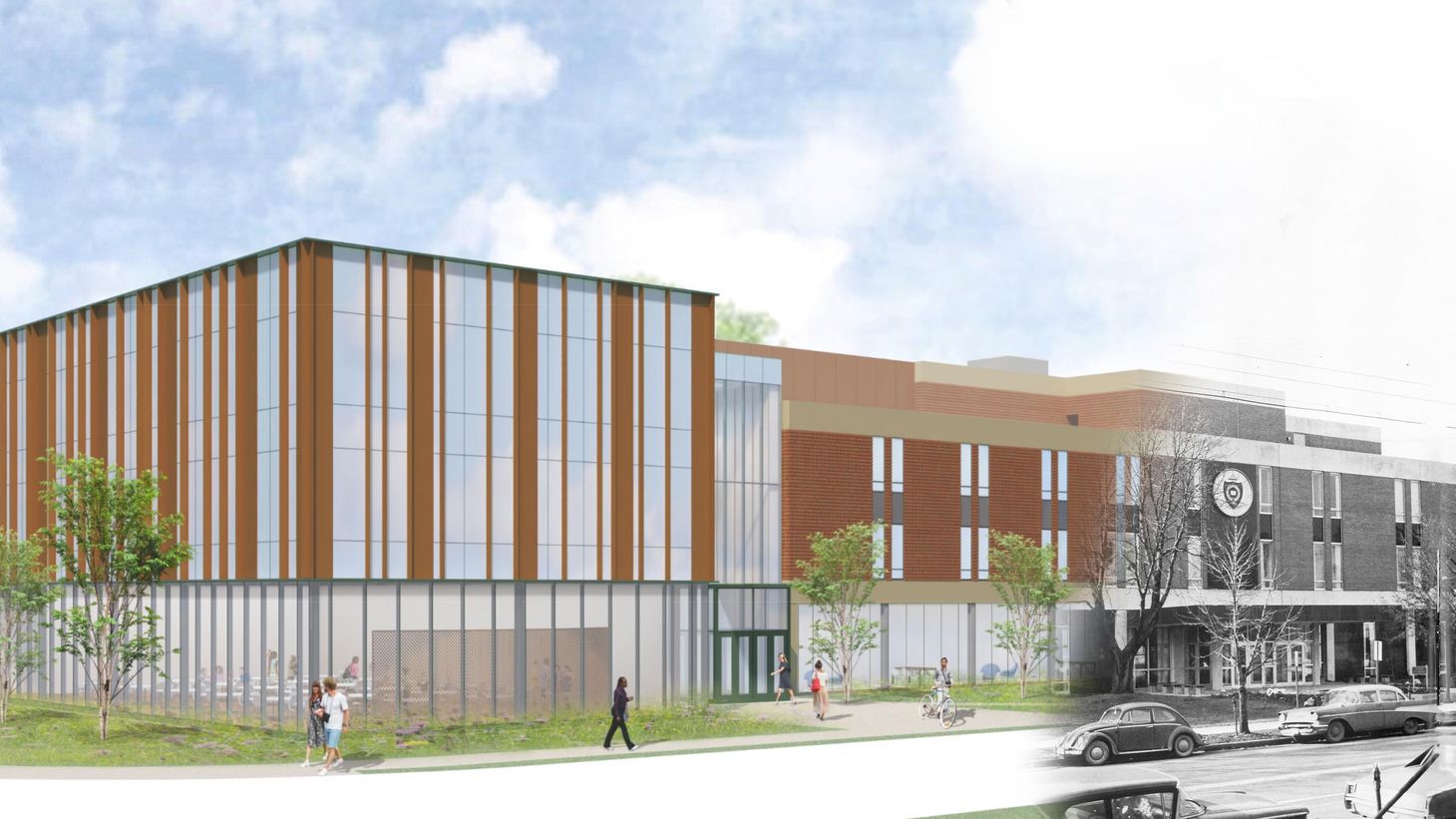 rendering of Newton Hall addition blended with vintage photo
