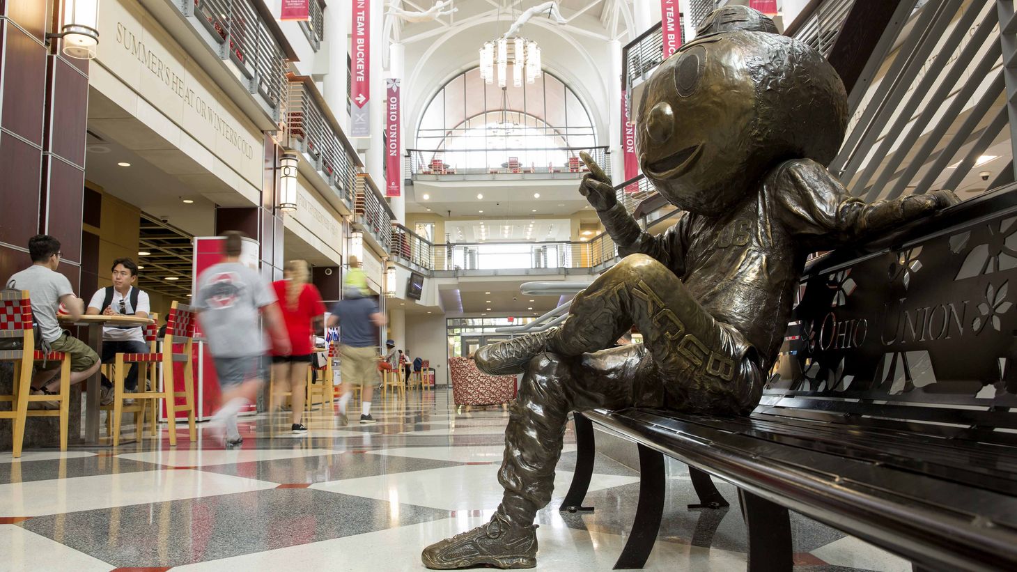 statue of Brutus sitting on a bench in the Ohio Union