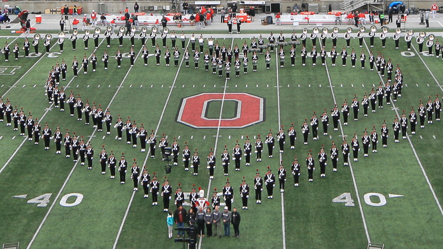 marching band heart formation on football field at Ohio Stadium