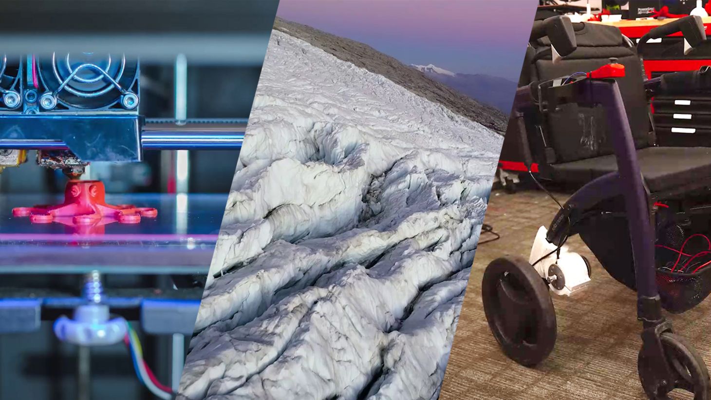 video stills of 3D printer, glacier, and accessibility chair