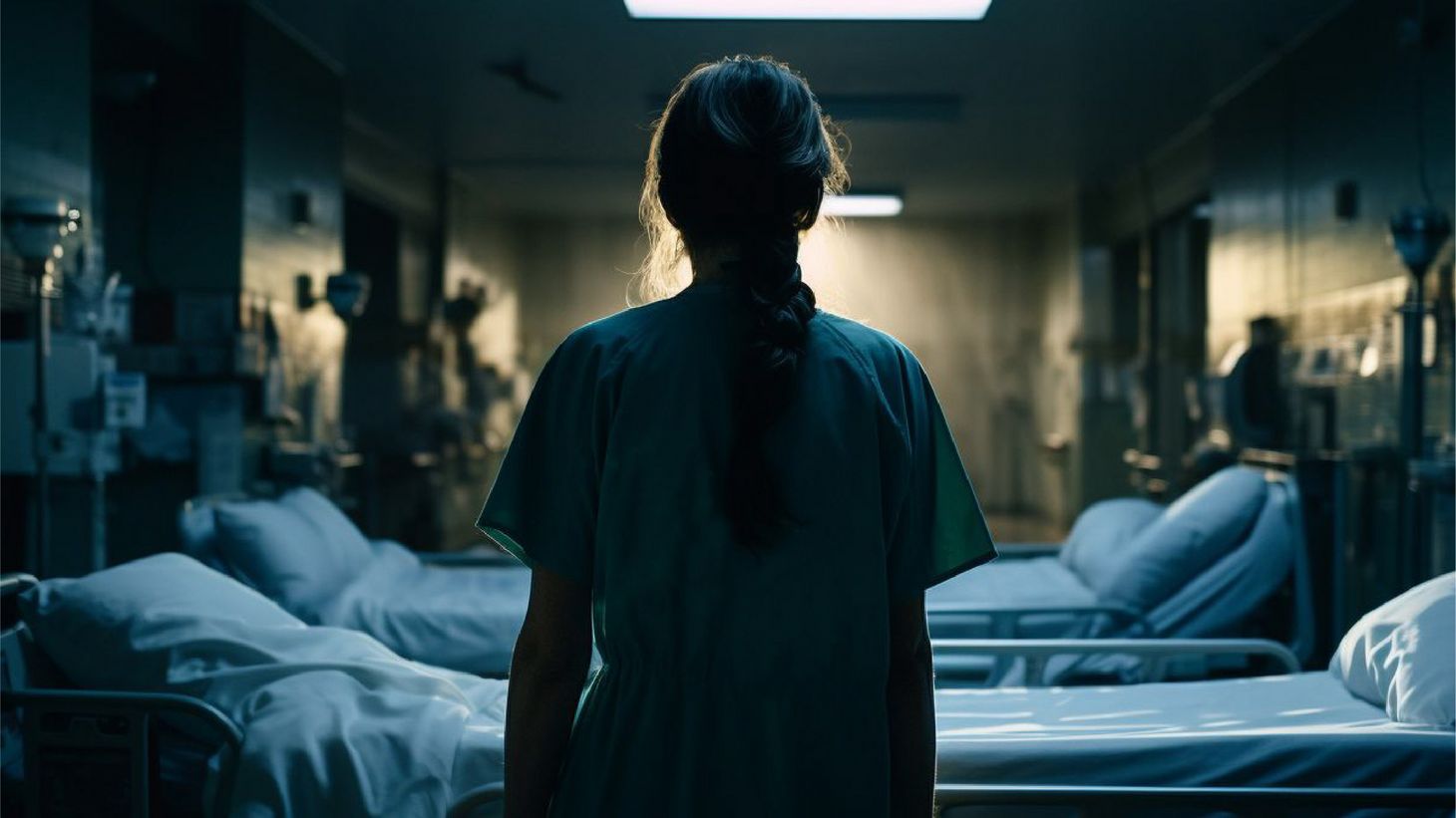 nurse standing in darkly lit room in front of empty hospital beds