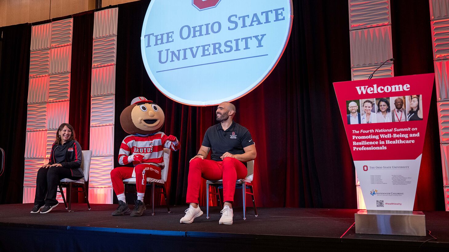 Bernadette Melnyk, Brutus Buckeye and Josh Winn urge everyone to invest in their own personal wellness.