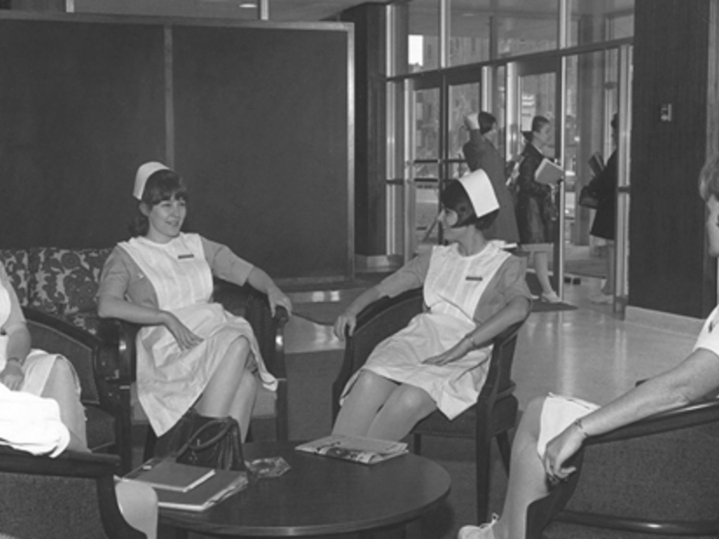 Photo taken from 1967 of OSU Nursing students talking to each other