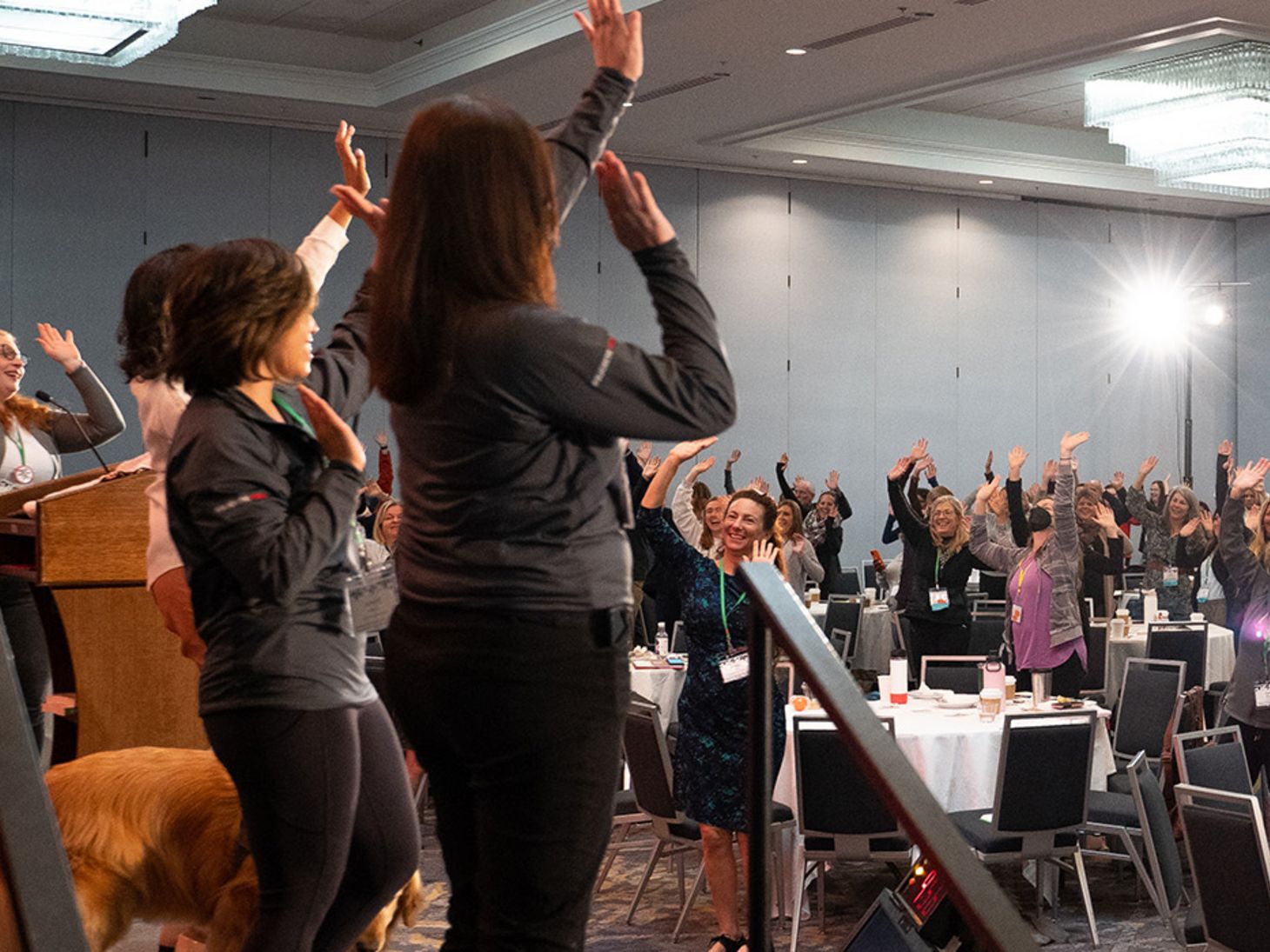 Summit attendees participating in a wellness exercise