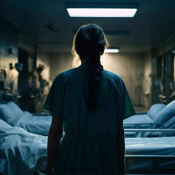 nurse standing in darkly lit room in front of empty hospital beds