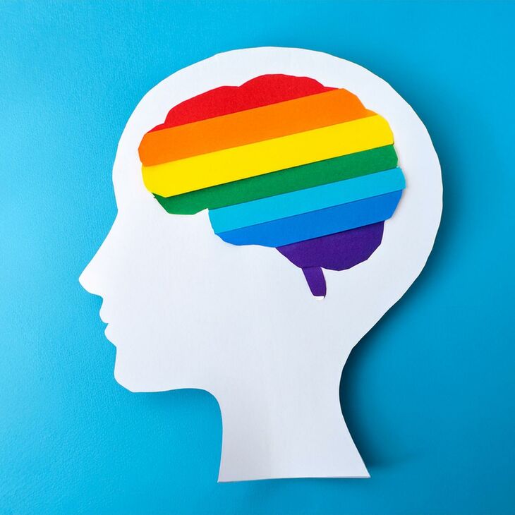 top view flat Paper Cut Craft of human rainbow brain on pink background