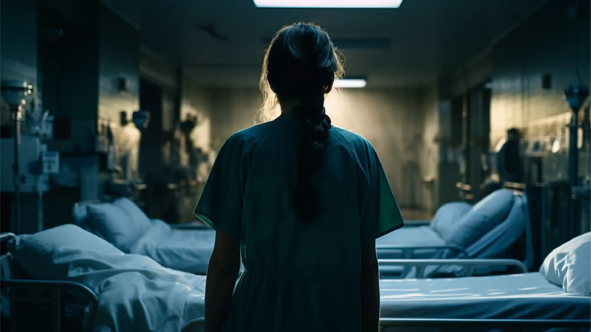 nurse standing in darkly lit room in front of empty hospital beds