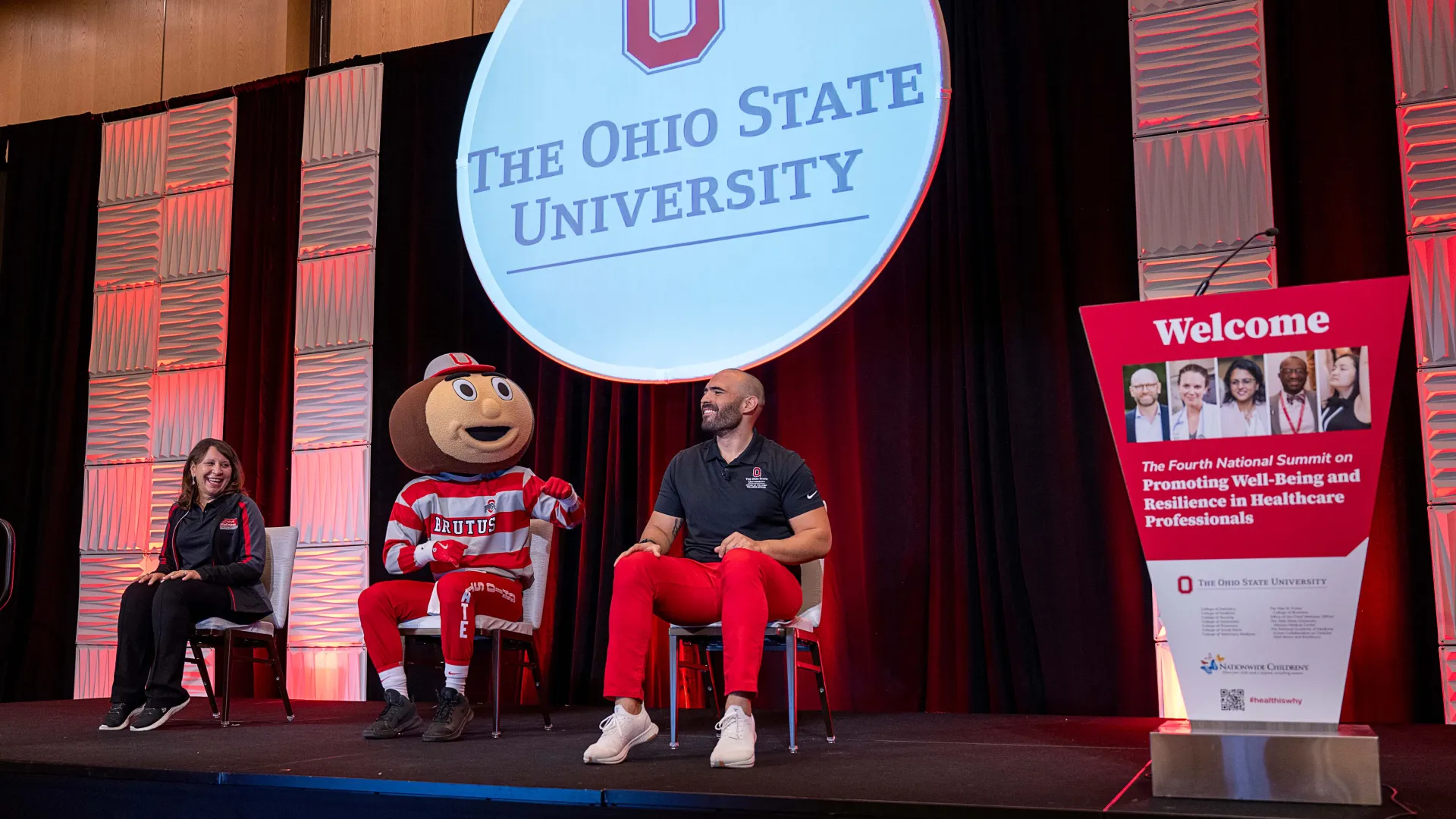 Bernadette Melnyk, Brutus Buckeye and Josh Winn urge everyone to invest in their own personal wellness.