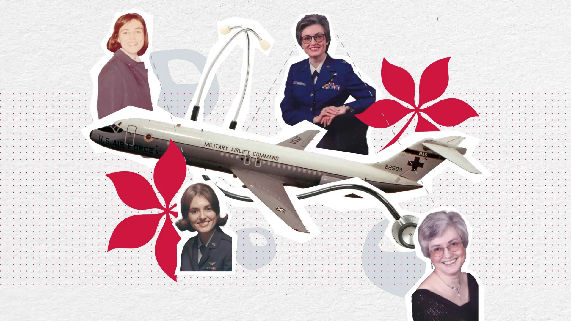 Diana Kupchella collage with portraits of her, a plane, a stethoscope, and buckeye art