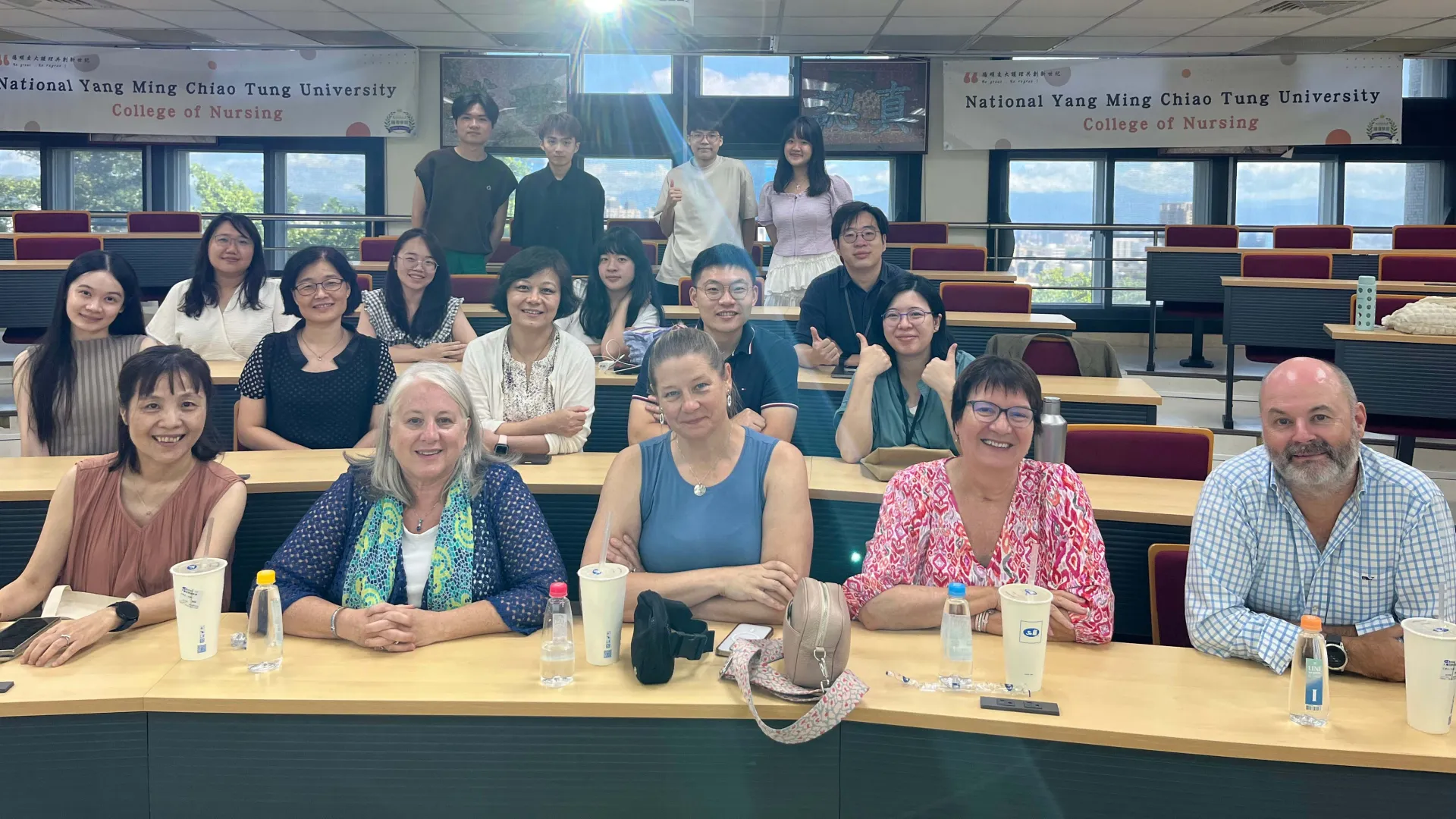 Li-Yin Chien (dean of nursing at NYCU), Cindy Zellefrow, Randee Masciola, Dianne Morrison-Beedy and Stephen McGhee at NYCU in Taiwan