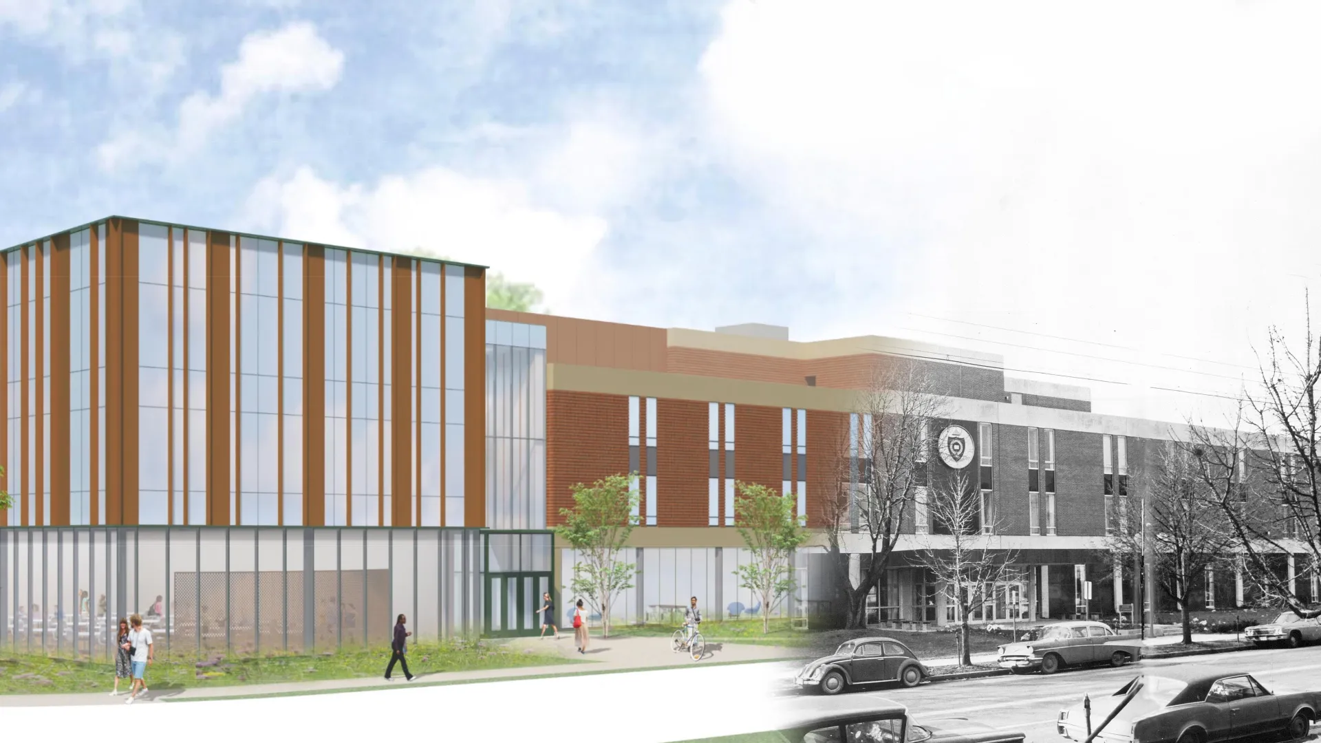 rendering of Newton Hall addition blended with vintage photo